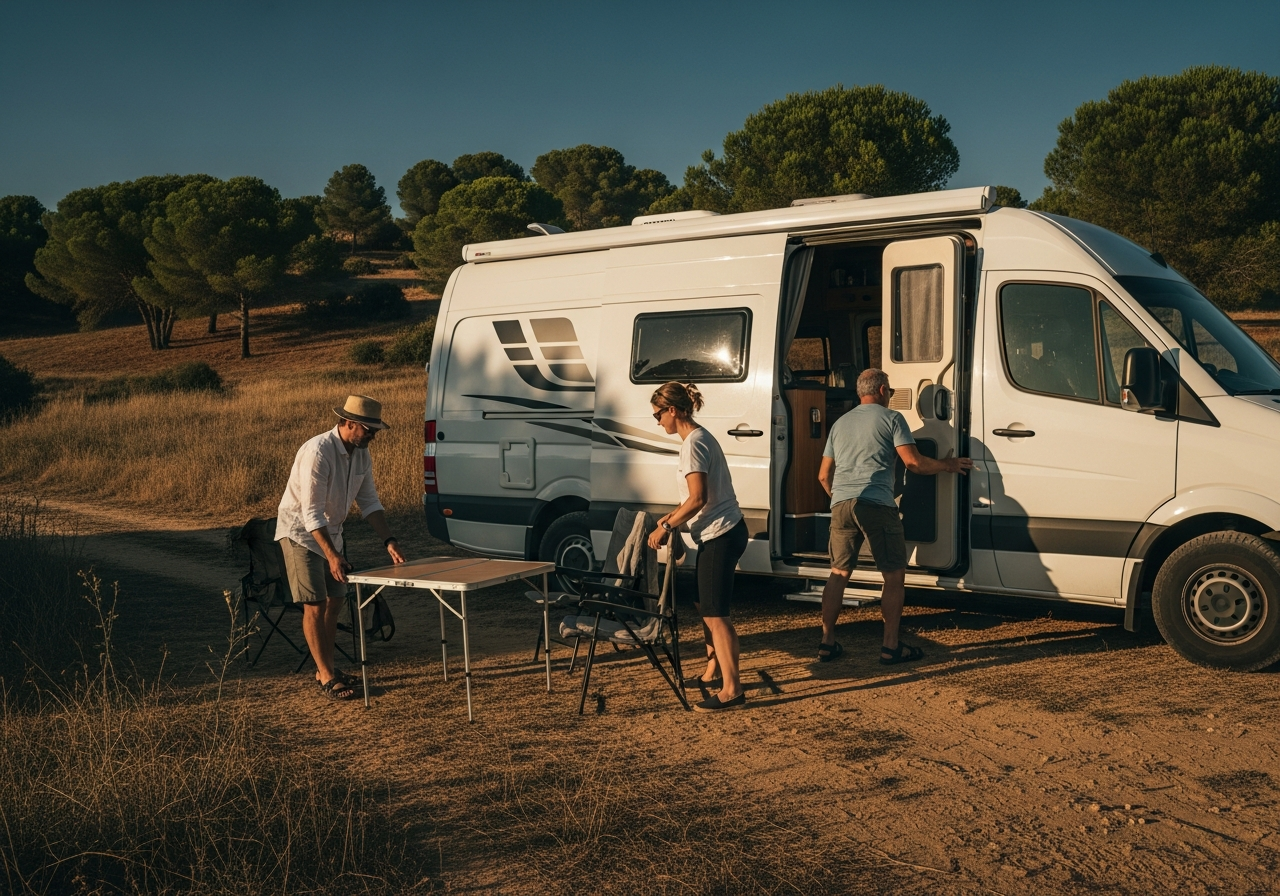 Autocaravana espaciosa aparcada en paisaje español con grupo de viajeros adultos preparando una comida al aire libre