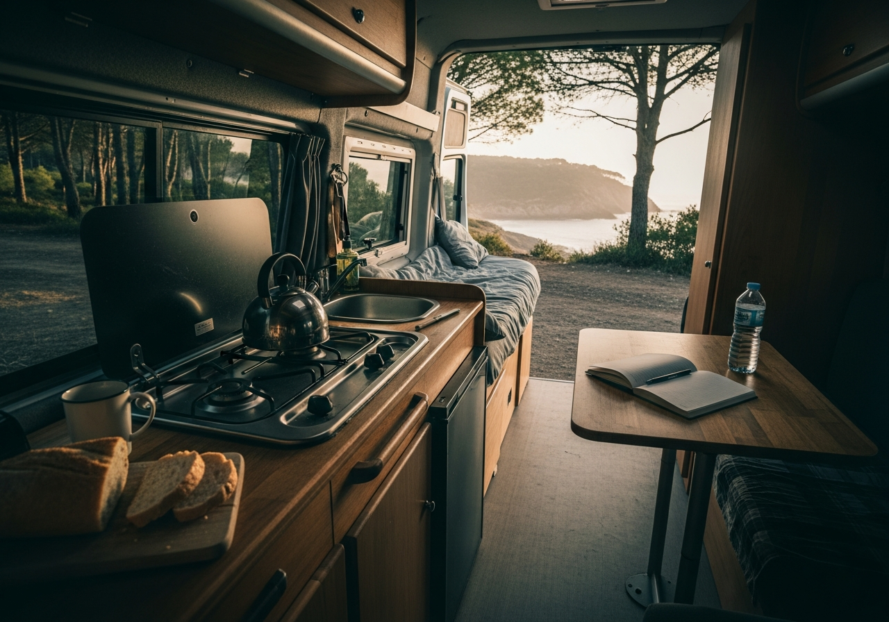 Interior de autocaravana totalmente equipada con cocina, mesa y cama, vista hacia el paisaje español a través de la puerta abierta