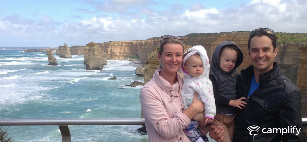 Caravan parked at a coastal caravan park, sun setting on the family's Aussie adventure.