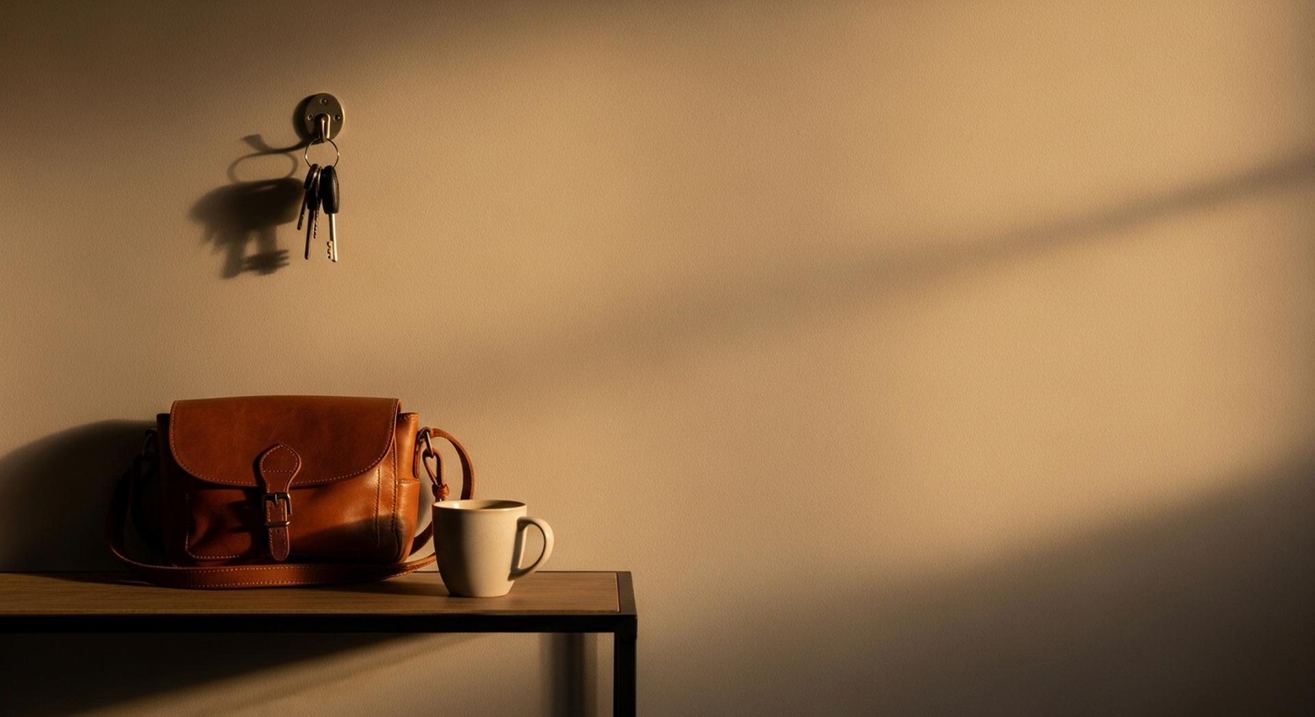 Still life: a set of house keys on a hook above a small bag on a console table, soft warm interior light - the trip that hasn't left yet