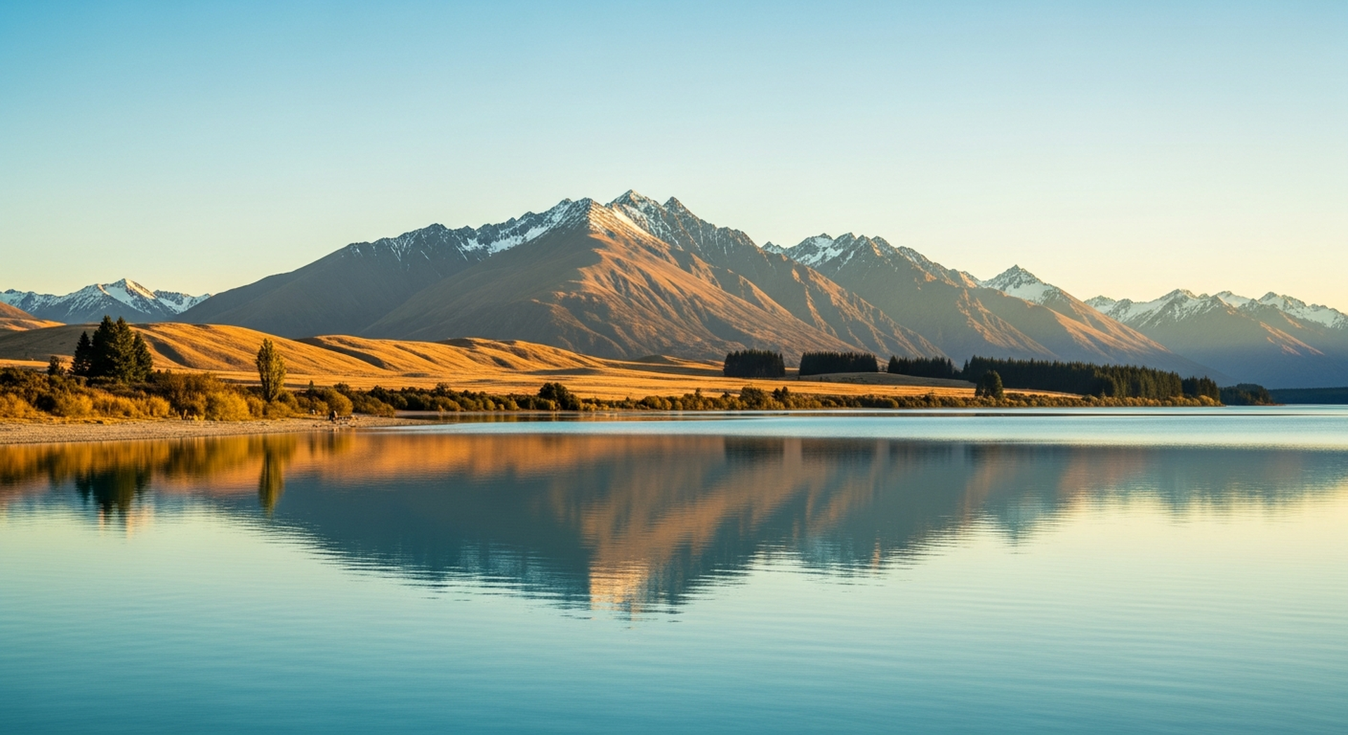 A New Zealand lakeside freedom-camping spot at golden hour, Southern Alps reflected in the still water