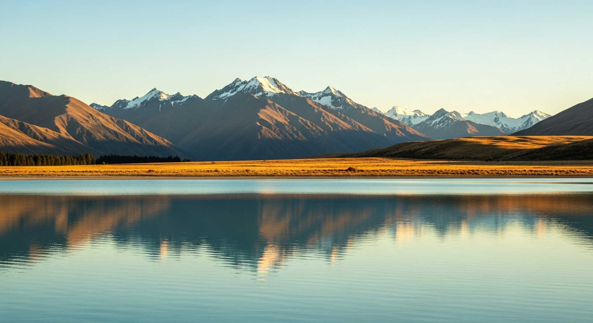 A serene New Zealand lakeside at golden hour, the Southern Alps reflected in still water, a relaxed base at the doorstep