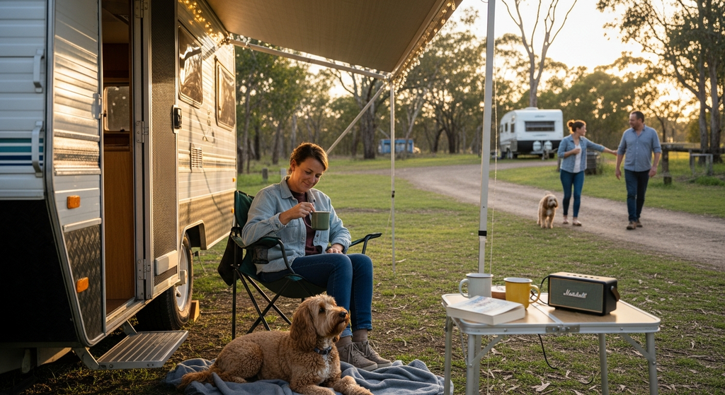 Caravan at petfriendly camping around Newcastle scenic spot, camping adventure.