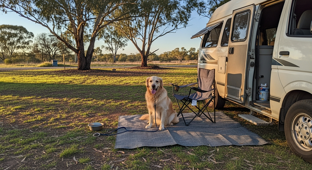 Golden retriever sitting happily at a campsite next to a campervan, camp chair and water bowl nearby
