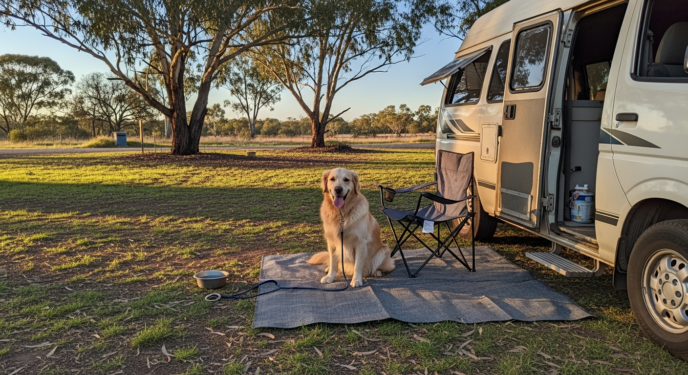 Golden retriever sitting happily at a campsite next to a campervan, camp chair and water bowl nearby