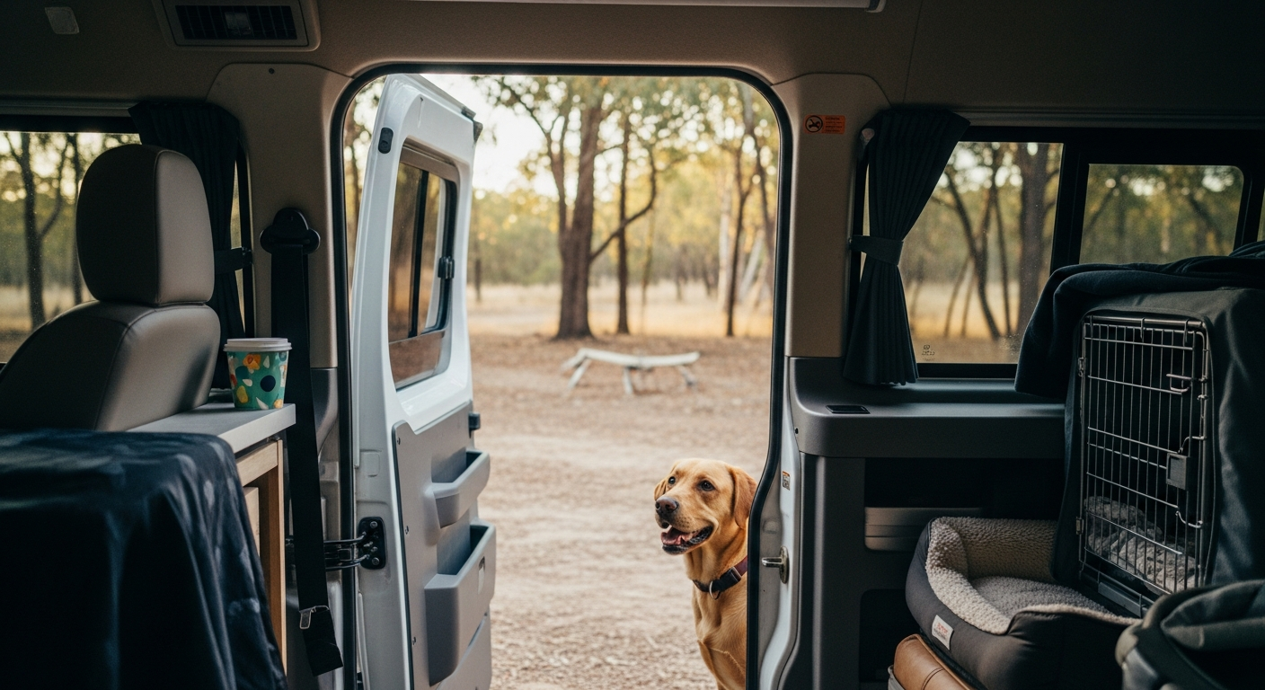 Dog looking out the open side door of a campervan at a campsite, travel crate visible inside