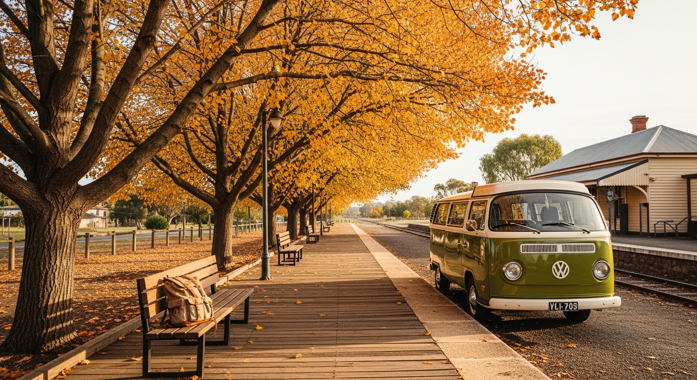 Campervan parked at a regional train station platform, autumn trees, morning light