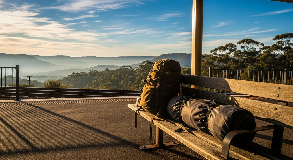 Train platform with camping gear and backpack, morning light, Blue Mountains NSW