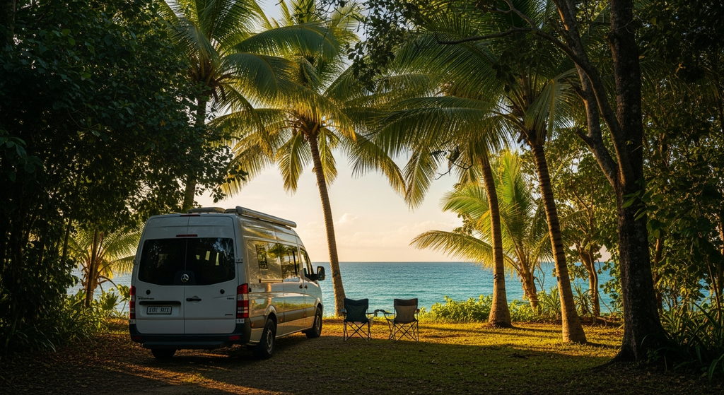 Campervan at a tropical campsite with palm trees, warm golden light, Far North Queensland