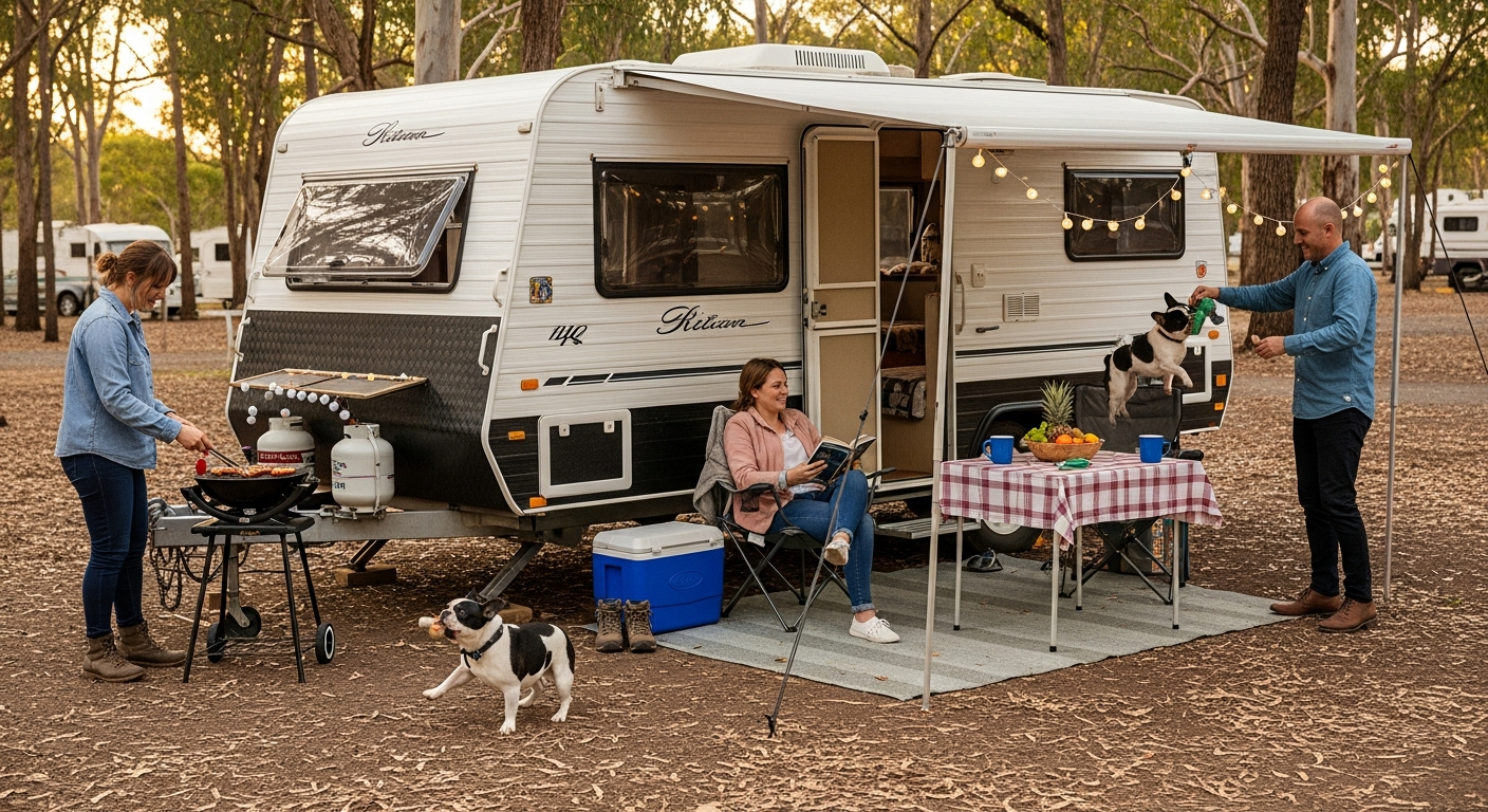 Caravan at petfriendly camping around Newcastle scenic spot, camping adventure.