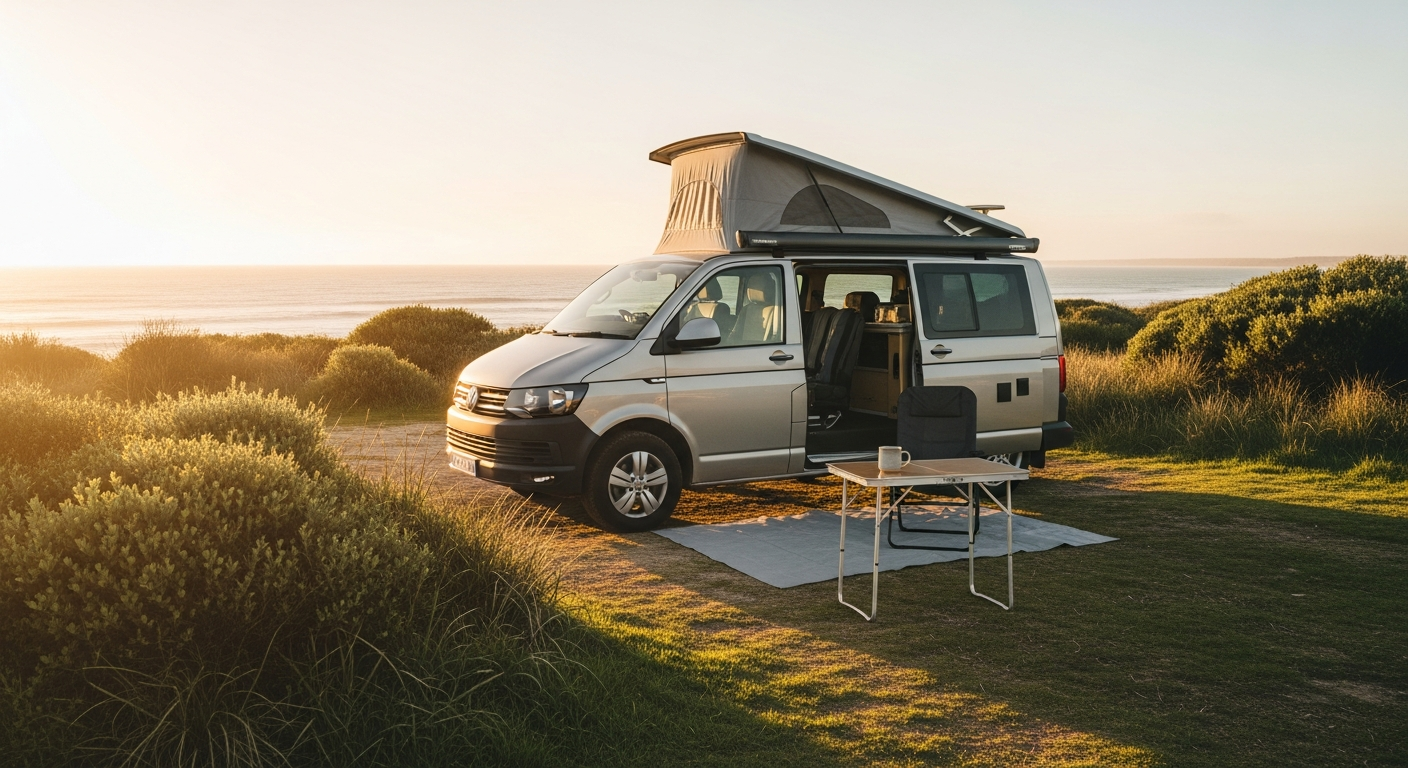 Campervan at a coastal campsite overlooking the Bellarine Peninsula, golden hour