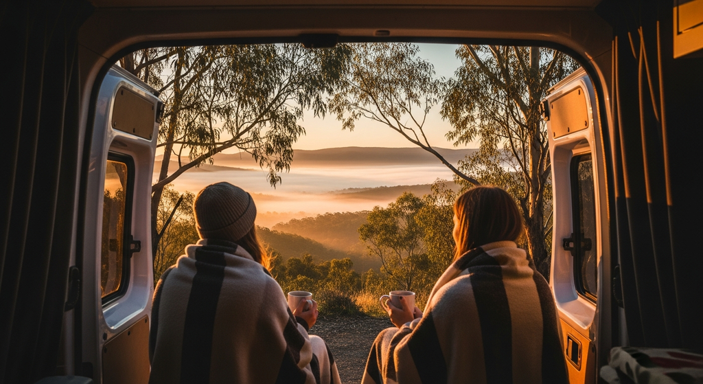 Couple sitting at the back of a campervan watching a sunrise over bushland, warm autumn light, peaceful moment