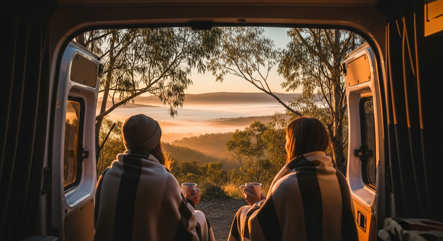 Couple sitting at the back of a campervan watching a sunrise over bushland, warm autumn light, peaceful moment