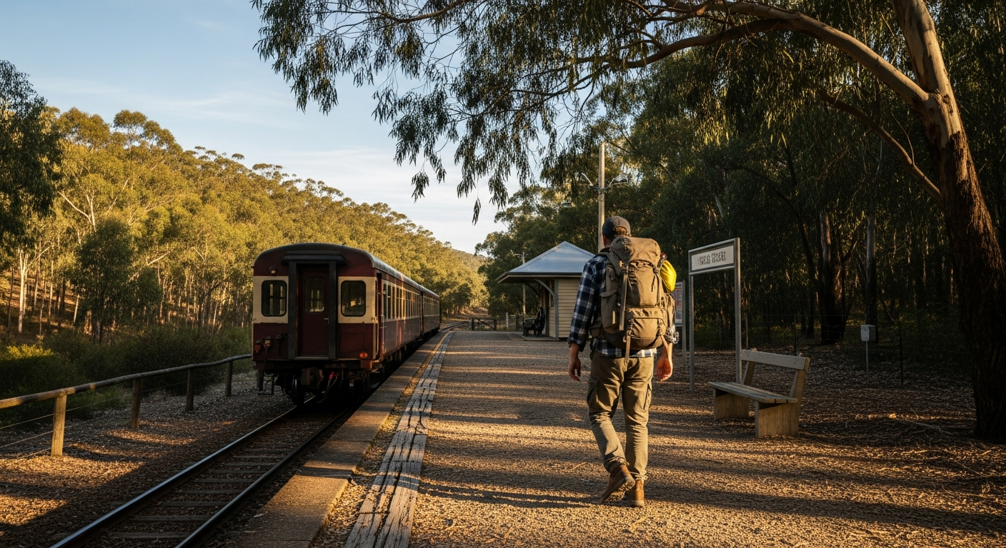 Person stepping off train at a quiet bushland station with a backpack, Adelaide Hills