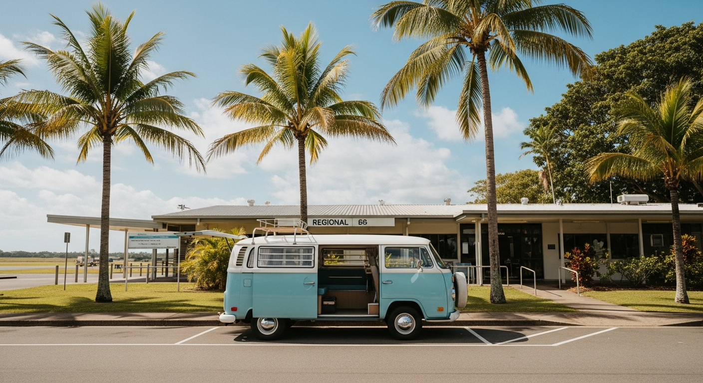 Campervan at a tropical airport pickup, palm trees, blue sky, ready to explore