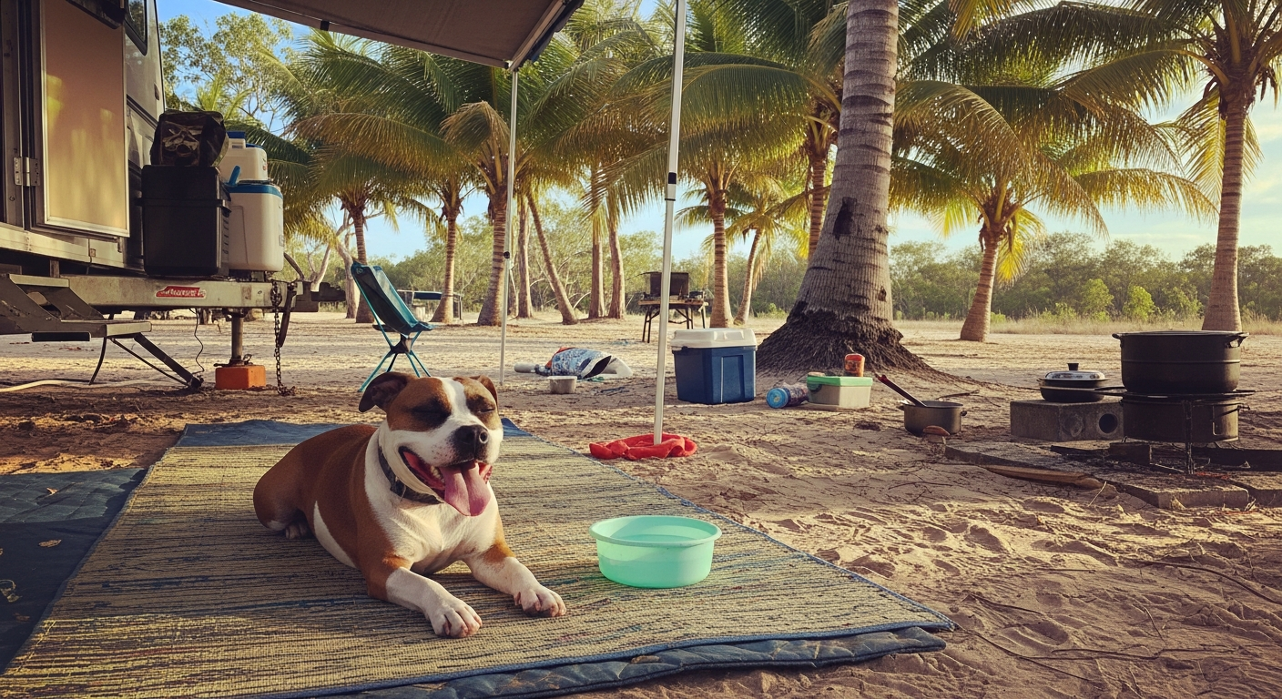 Dog resting under a campervan awning at a tropical Queensland campsite, palm trees, warm light