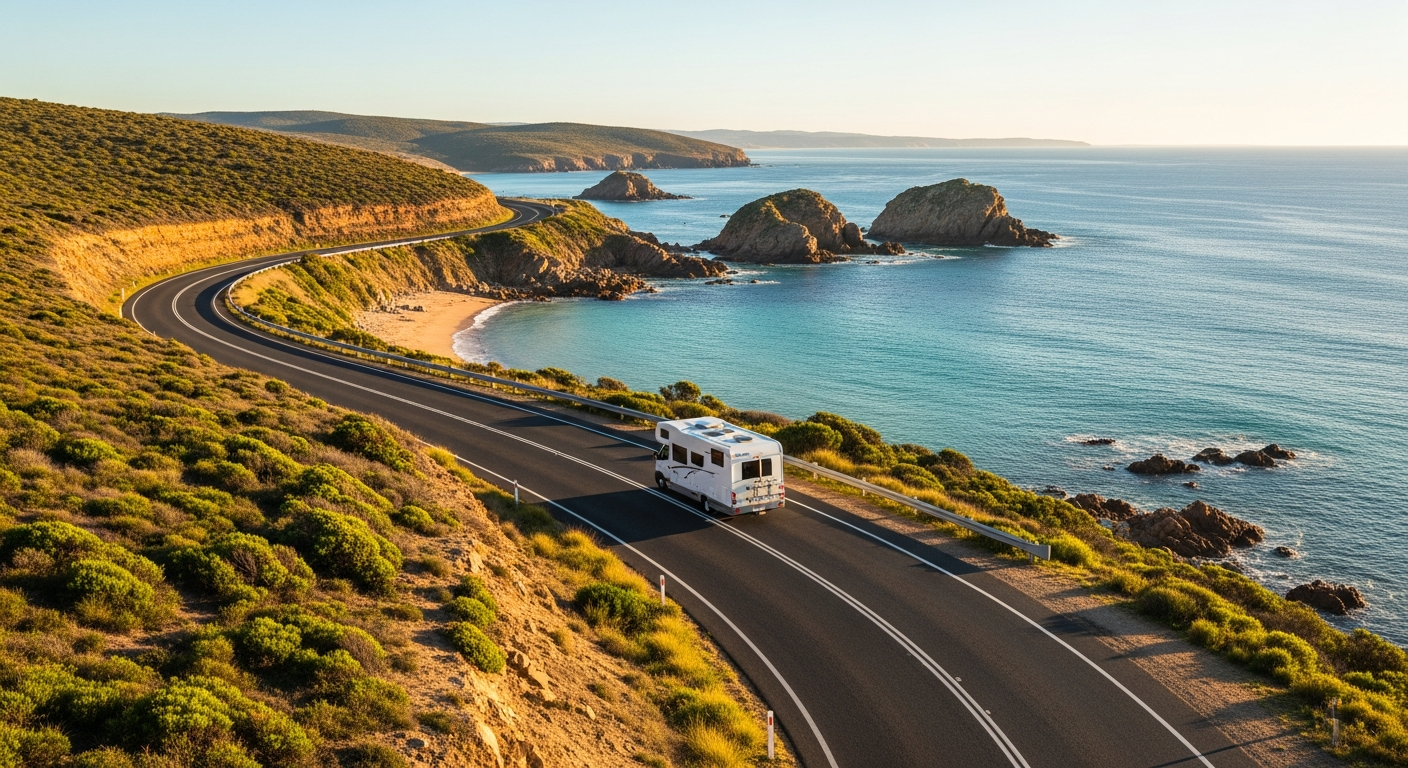 Campervan on a coastal road with ocean views, NSW South Coast