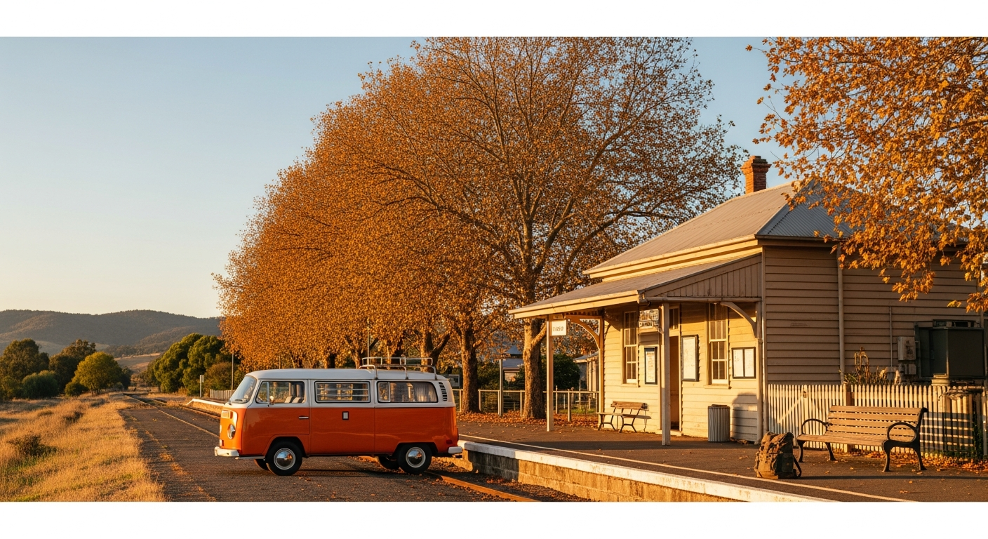 Campervan parked at a regional Australian train station, autumn afternoon light