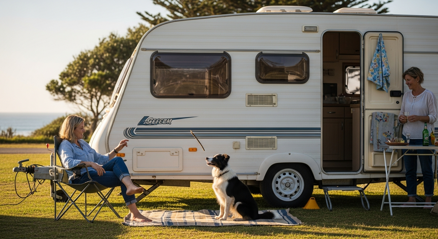 Caravan at petfriendly camping around Newcastle scenic spot, camping adventure.