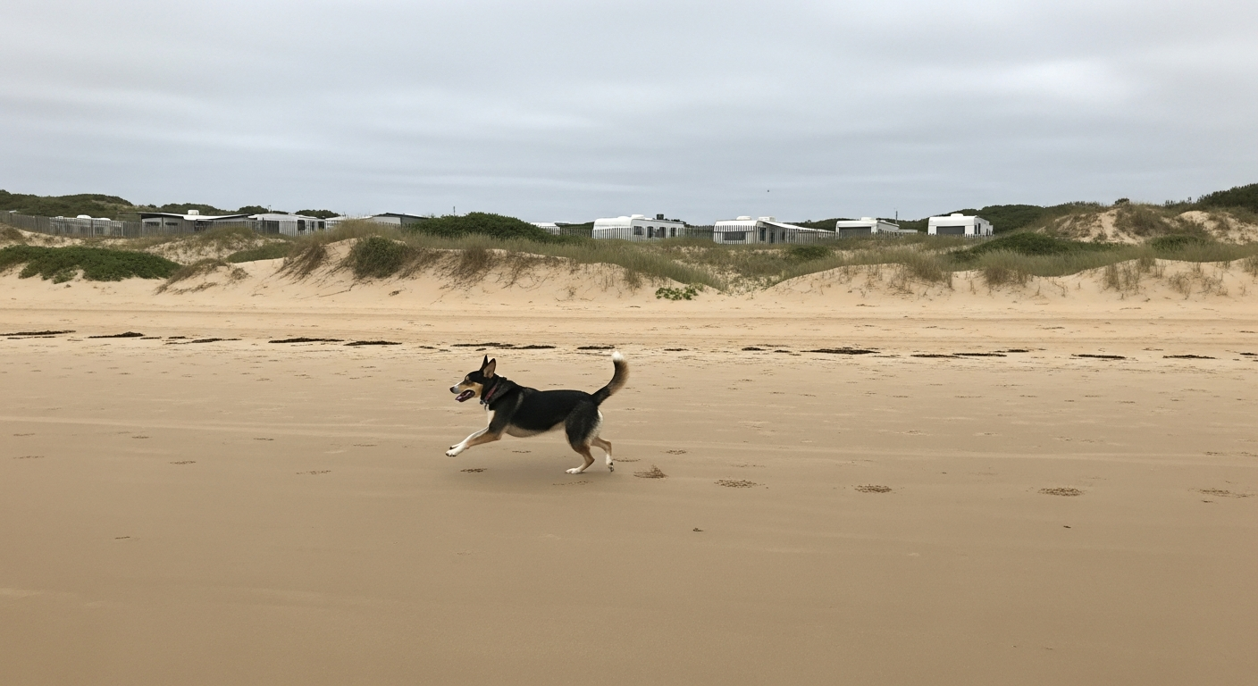 Dog running on an overcast Australian beach with sand dunes in the background