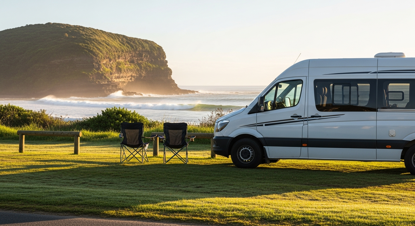 Campervan at a beachfront campsite with coastal views, Kiama NSW