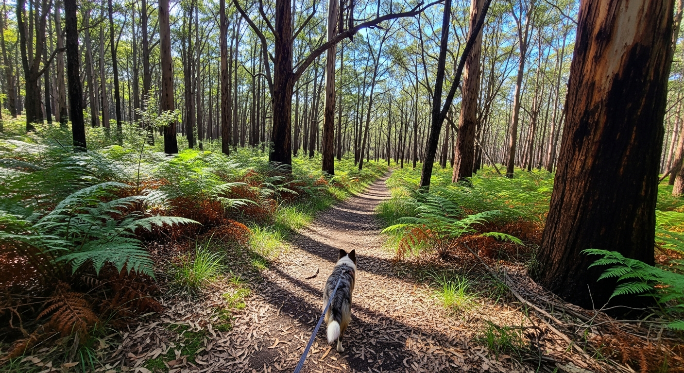 Dog walking on a bush trail through Victorian eucalyptus forest, dappled autumn light