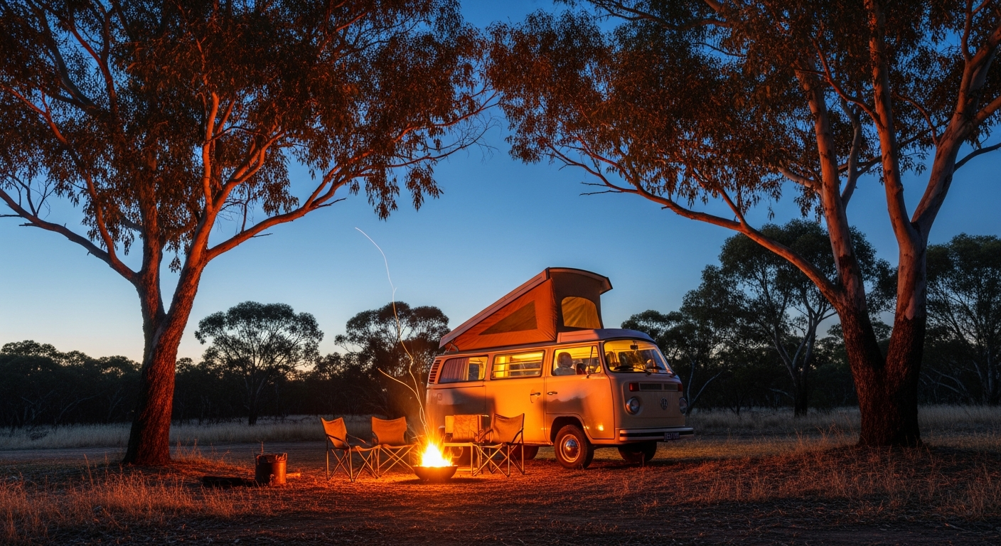 Campervan at a bushland campsite with a small campfire, autumn dusk light