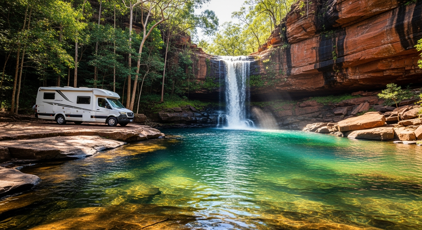 Campervan at a waterfall plunge pool in the Top End, lush tropical vegetation