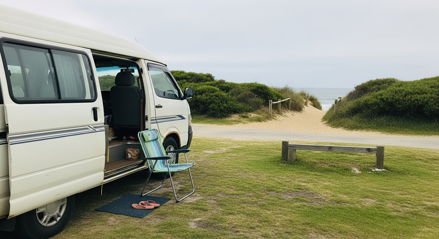 Campervan parked at a basic beachfront camping spot, camp chair and thongs by the door, sandy path to the beach
