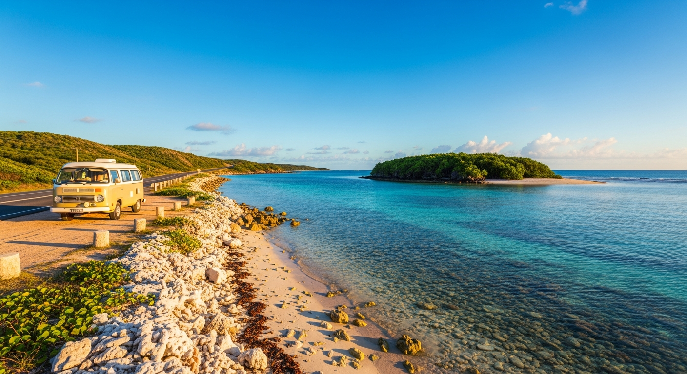 Campervan parked near a tropical beach with turquoise water and coral reef visible