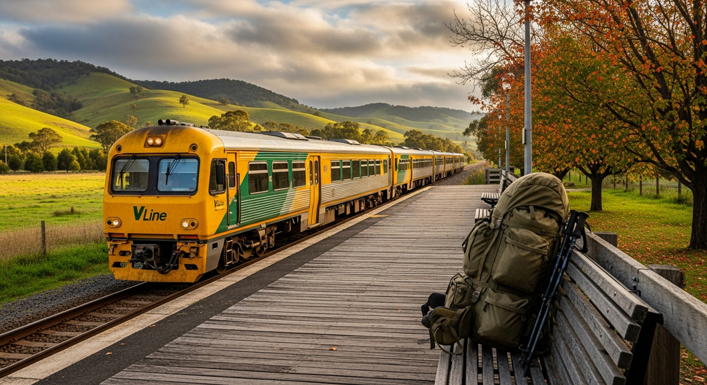 V/Line train at a regional Victorian station, morning light, green hills in background
