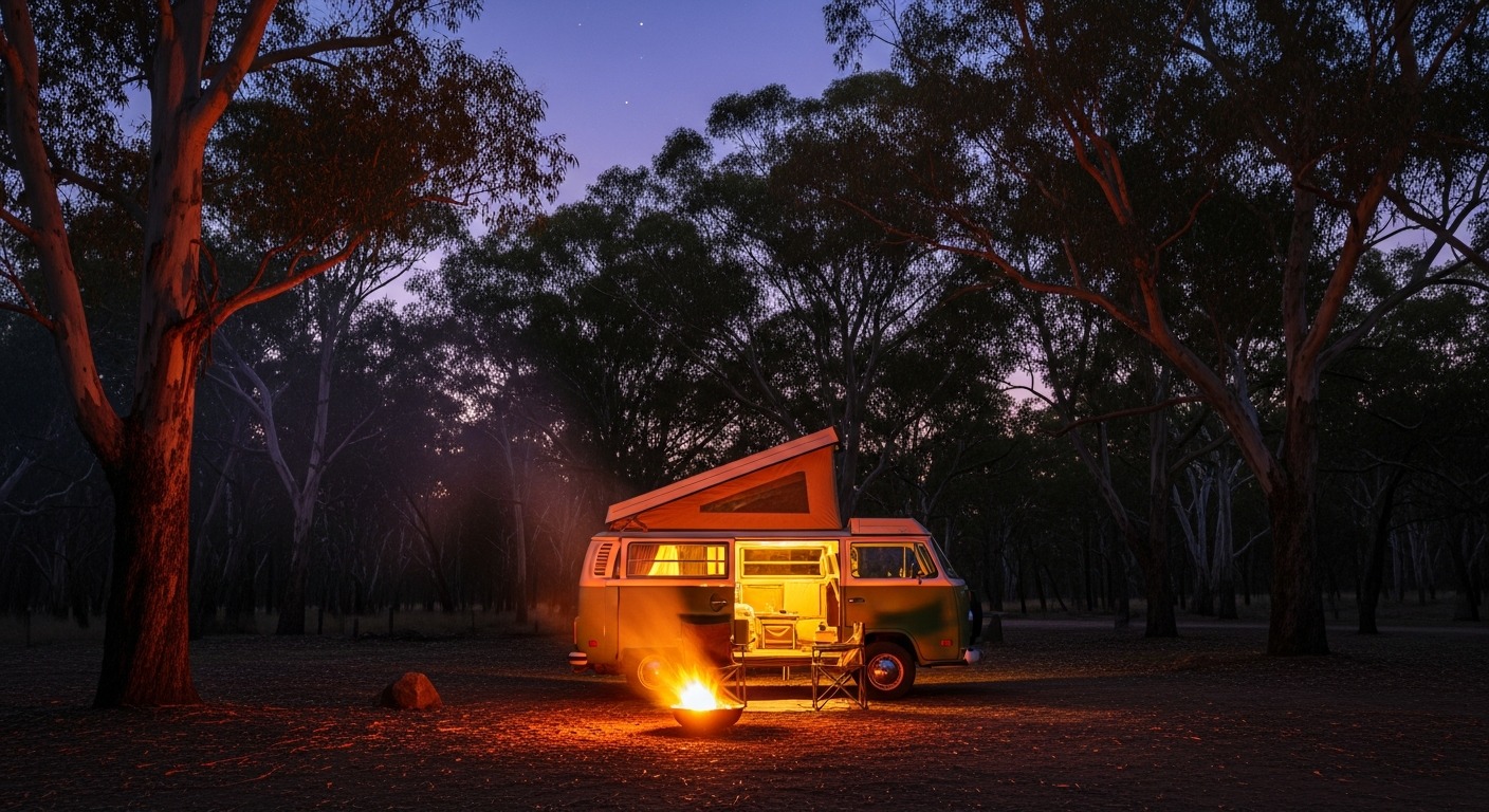Campervan at a hinterland campsite with campfire smoke, autumn dusk