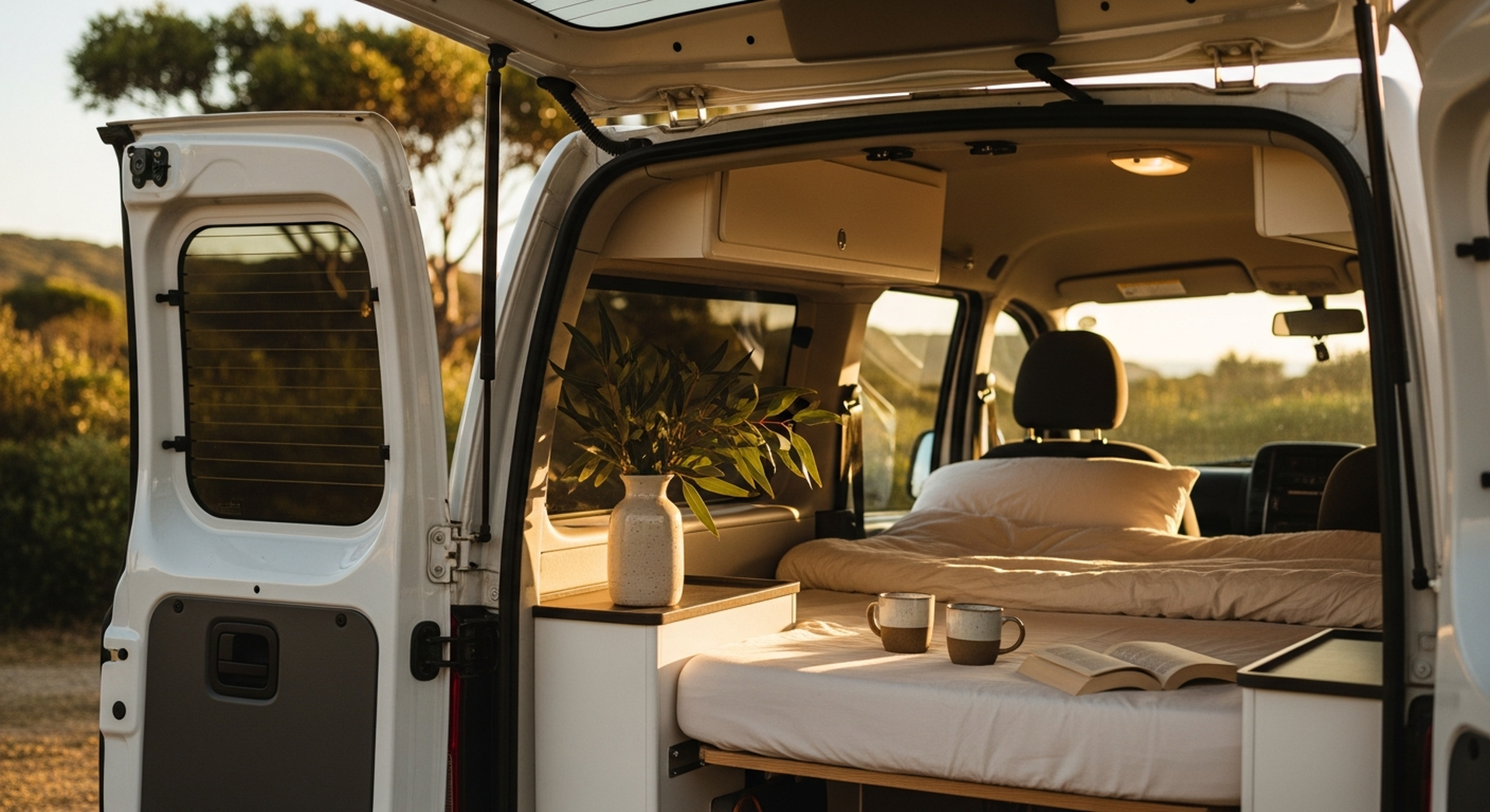 Compact campervan interior set up for a couples weekend, morning light