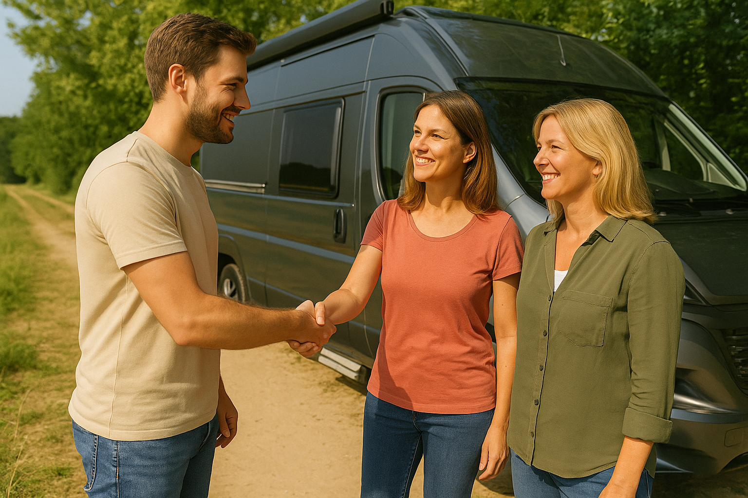 Ein Mann und zwei Frauen stehen vor einem dunkelgrauen Kastenwagen. Der Mann gibt der einen Frau die Hand.