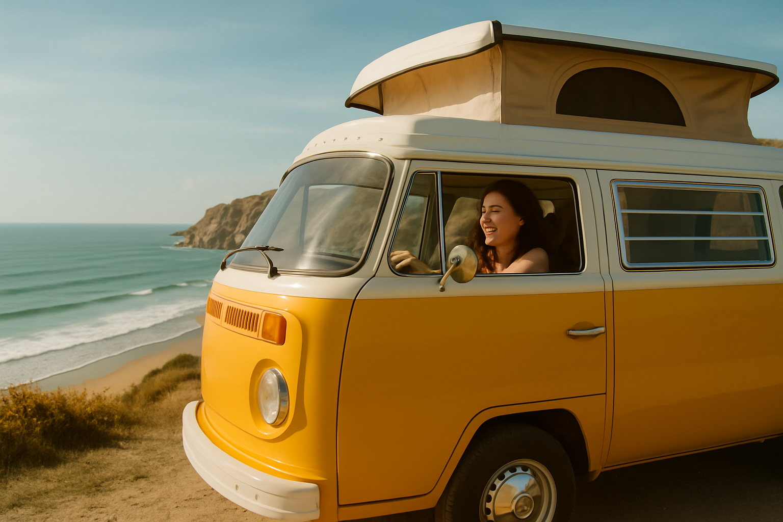 Guest sitting on a beach in a camper