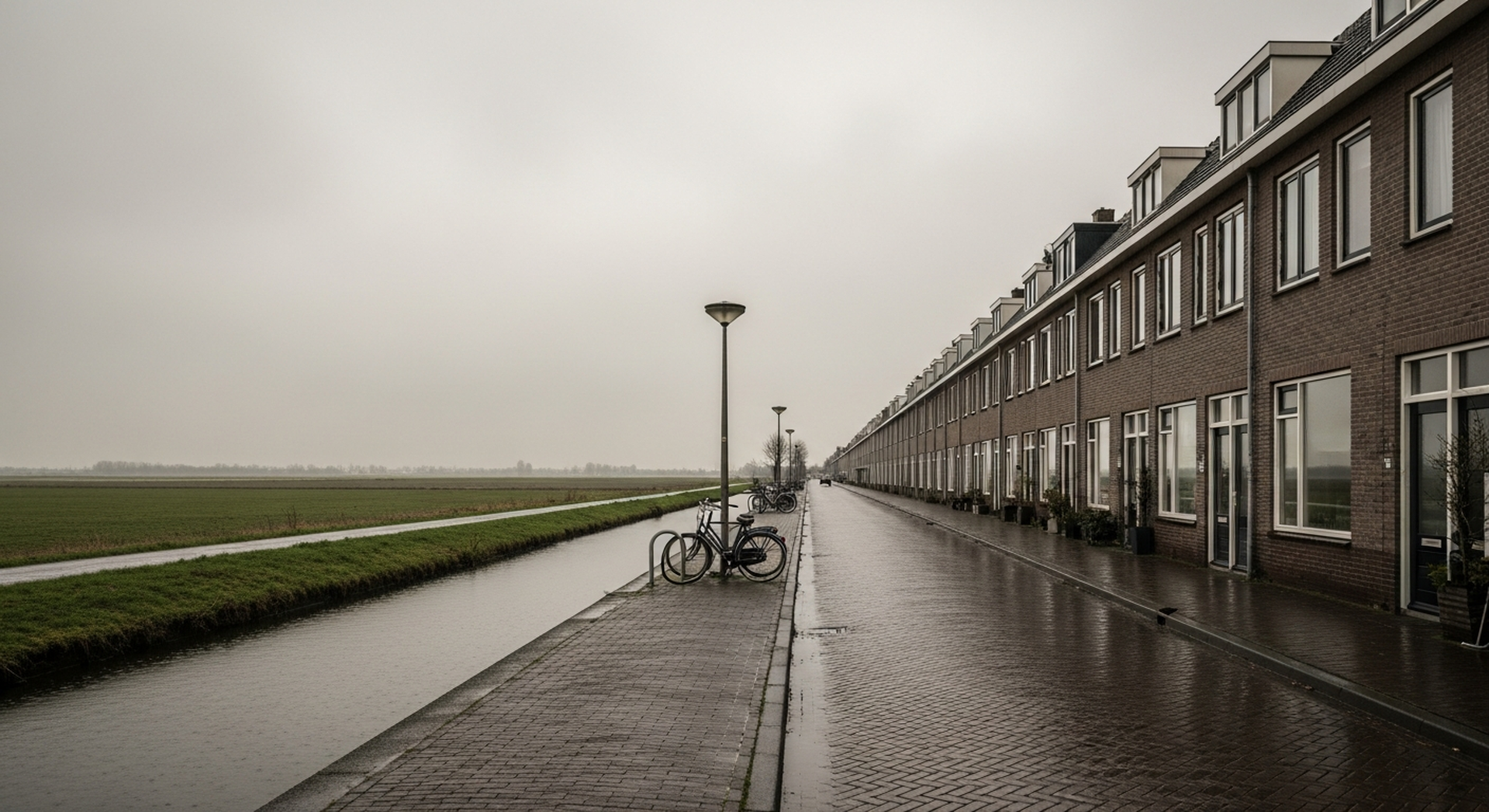 A flat grey Dutch row-house street under drizzle - the hemmed-in feeling that an open New Zealand road trip answers