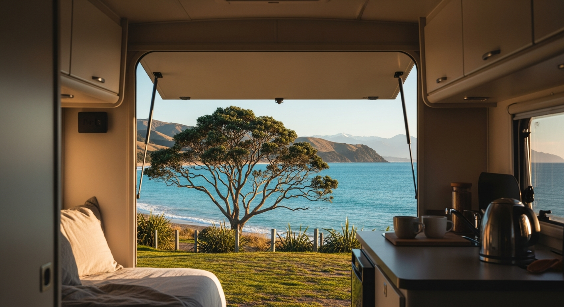 A delivered white caravan at a Wanaka lakeside holiday park at golden hour, Southern Alps in the distance