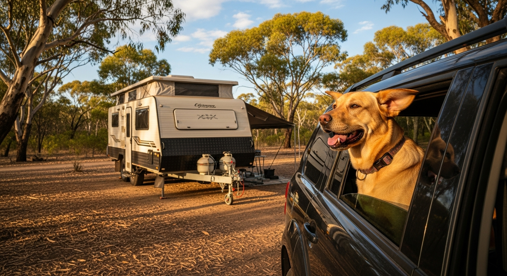 Dog in car window with caravan at bush campsite