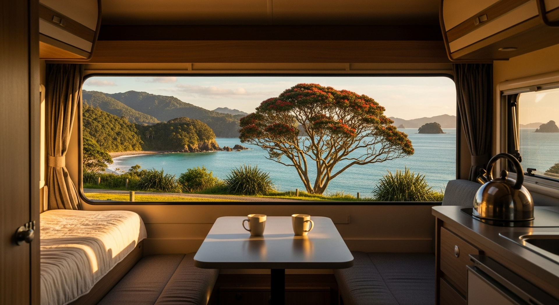 Inside a motorhome looking out at a Coromandel coastal headland at golden hour