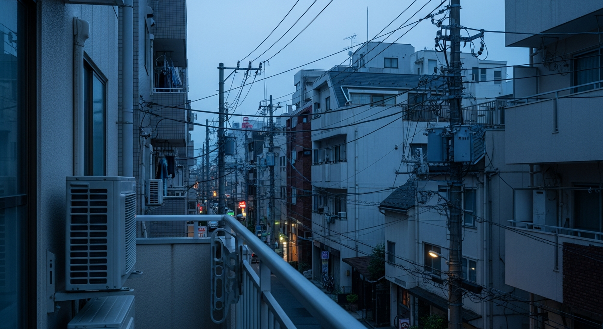 A dense Japanese city apartment district at dusk in humid summer, the wall of buildings that a New Zealand open-road trip answers
