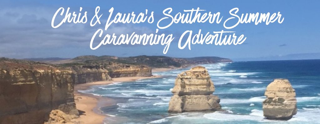 Caravan at a sunny coastal caravan park, ready for Chris & Laura's summer road trip.