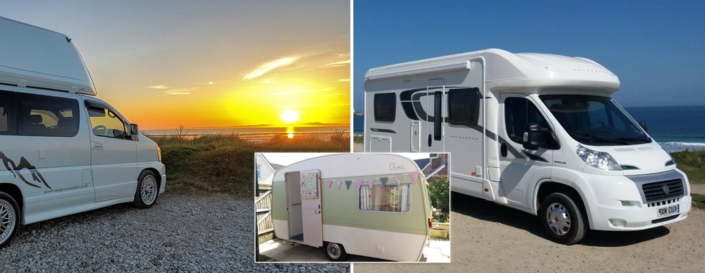 Family camping holiday with campervan in scenic countryside setting.