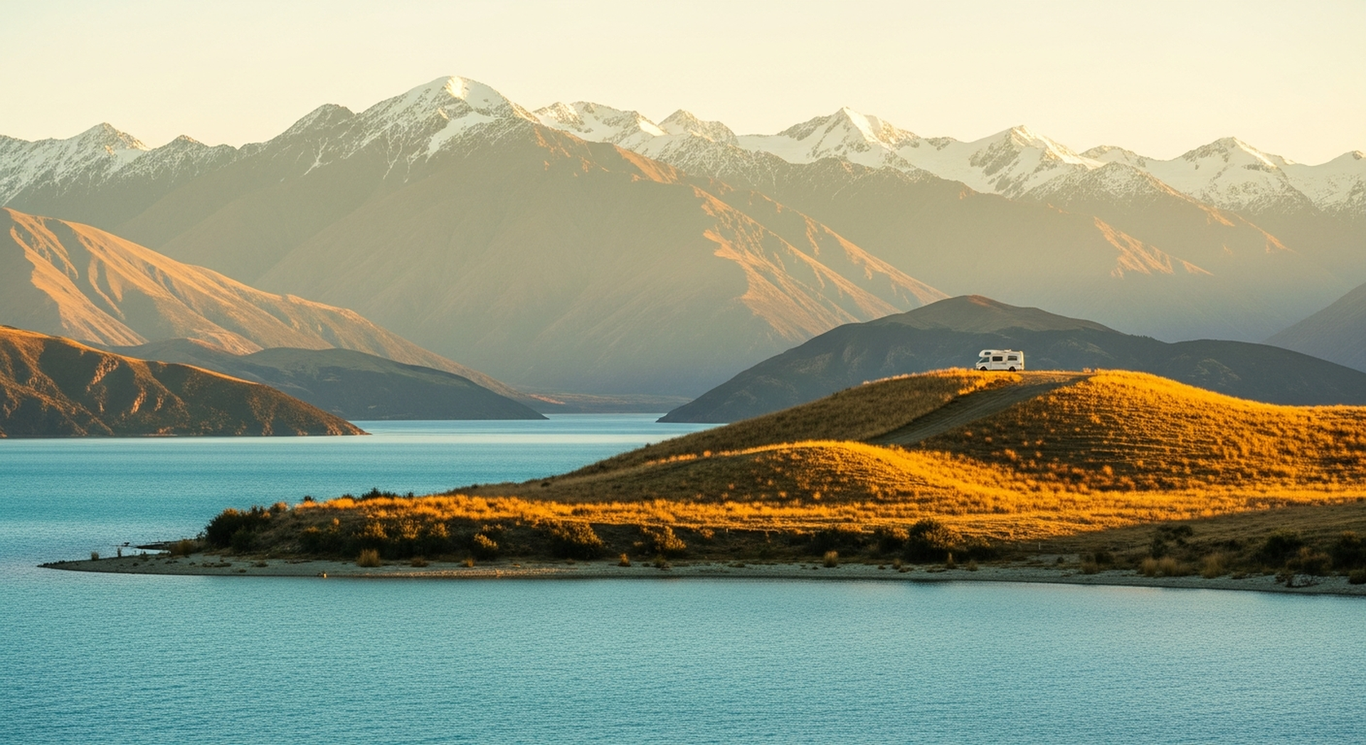 A Camplify campervan with travellers at a New Zealand holiday park, Southern Alps in the background