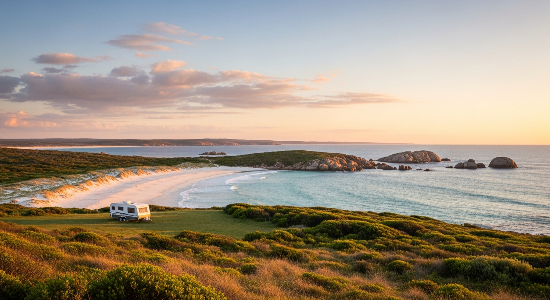 A delivered white caravan at a Cape Le Grand-style grassy clifftop campsite above a turquoise Western Australian bay at golden hour