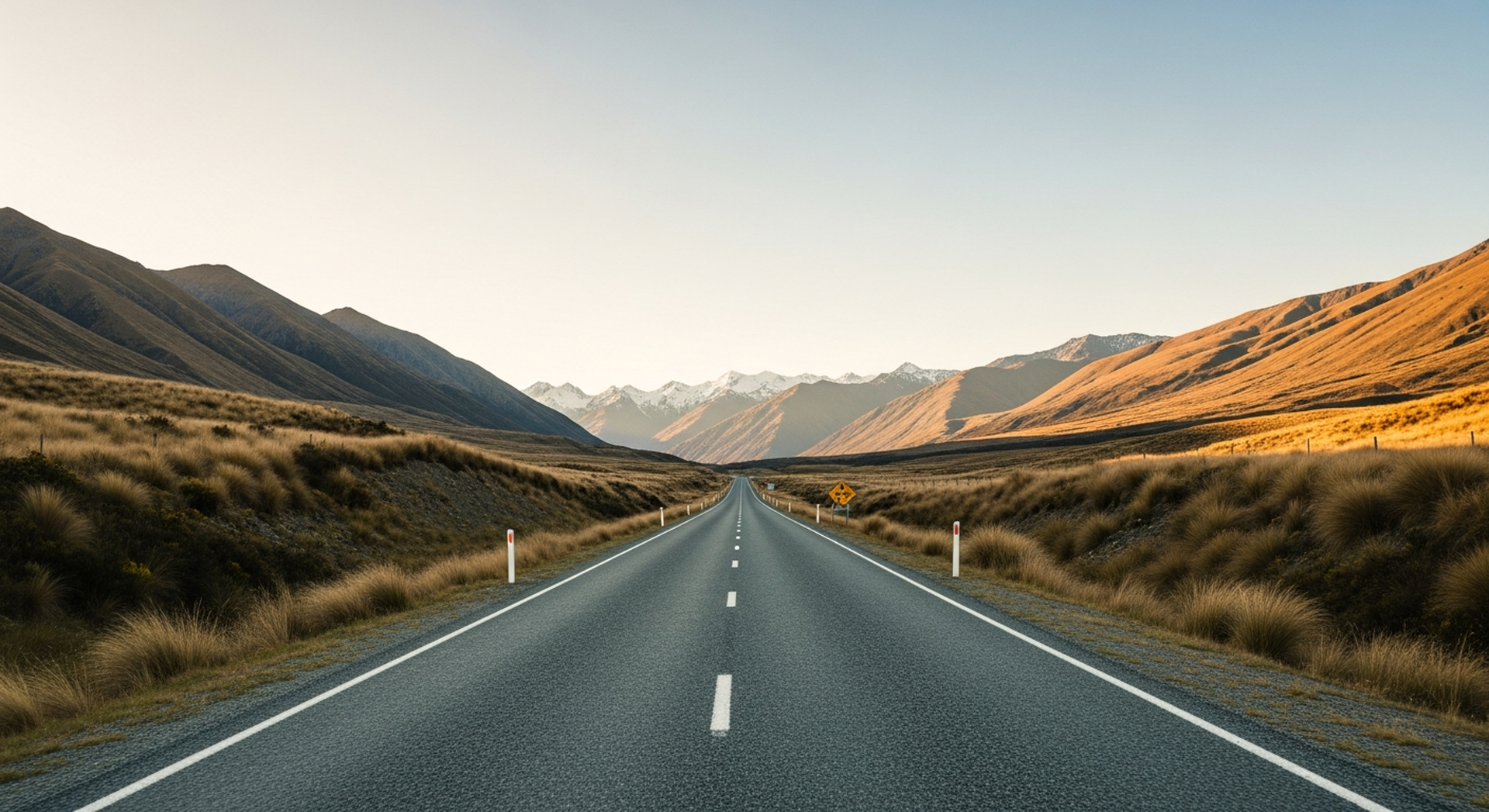 An empty two-lane road through Lindis Pass at golden hour, tussock grasslands rolling to the horizon, no vehicles or people