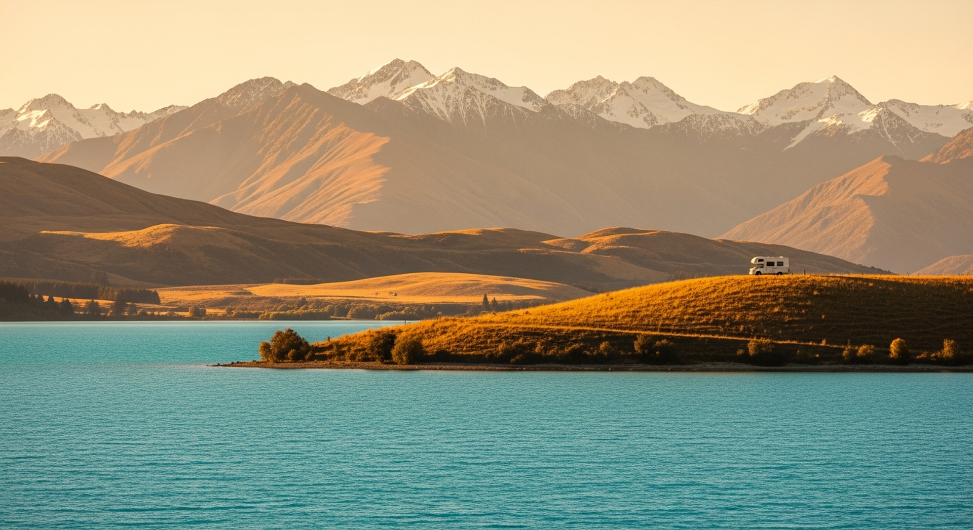 A Camplify campervan with travellers at a New Zealand holiday park, Southern Alps in the background