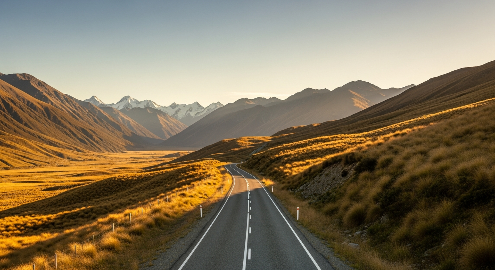 An empty paved road through the Lindis Pass at golden hour, Southern Alps in the distance