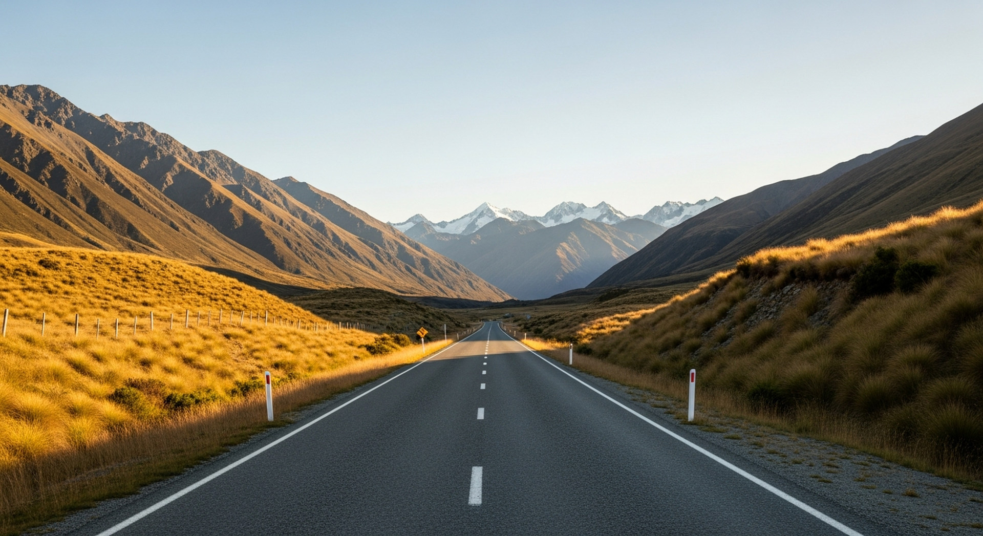 Empty paved road through Lindis Pass at golden hour, Southern Alps in the distance