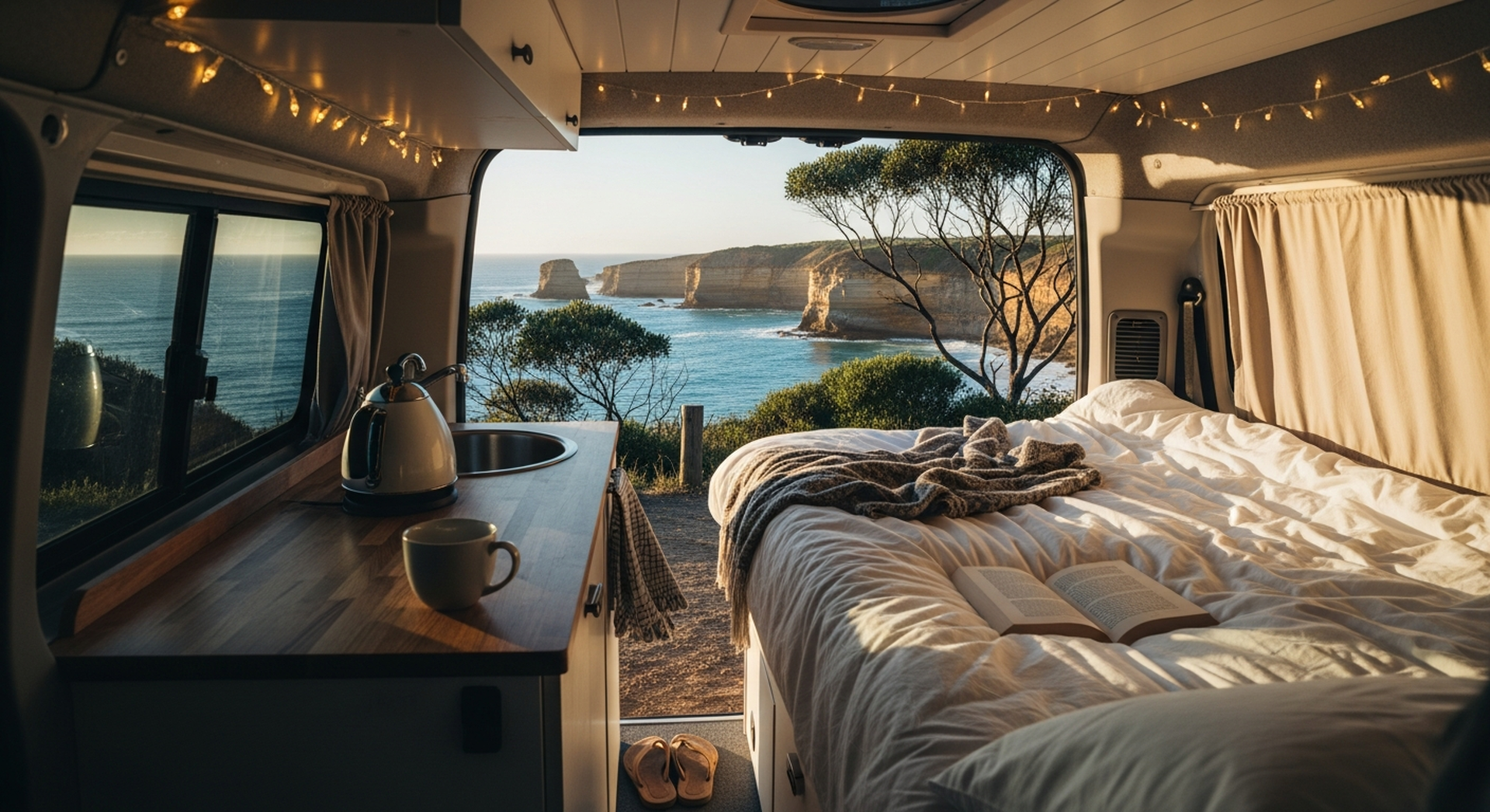 Looking into a styled campervan at an Australian coastal lookout at golden hour
