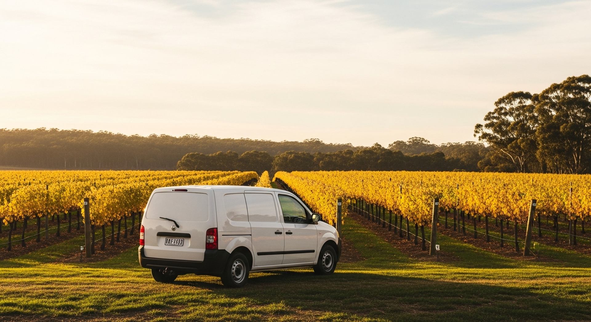 Campervan parked at an Australian vineyard at golden hour in autumn